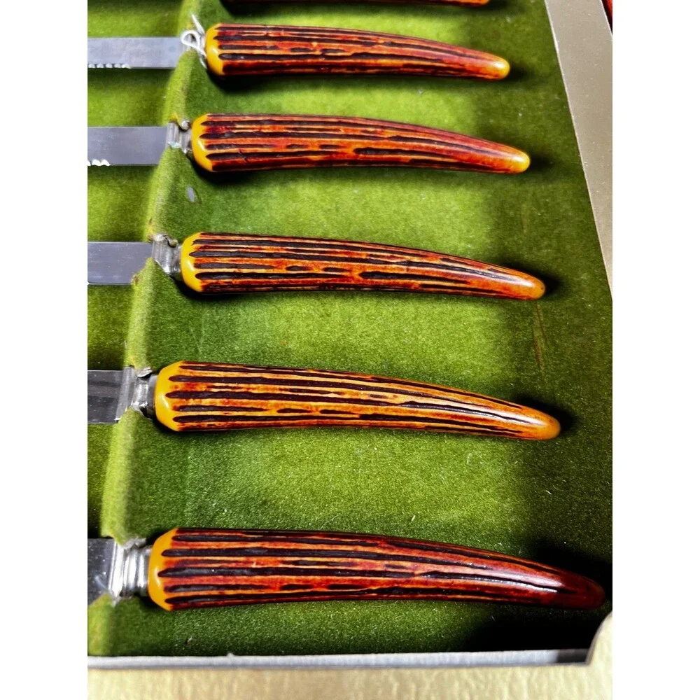 Vintage Sheffield England 12 Pc Steak Carving Knife Set Faux Stag Handles Box